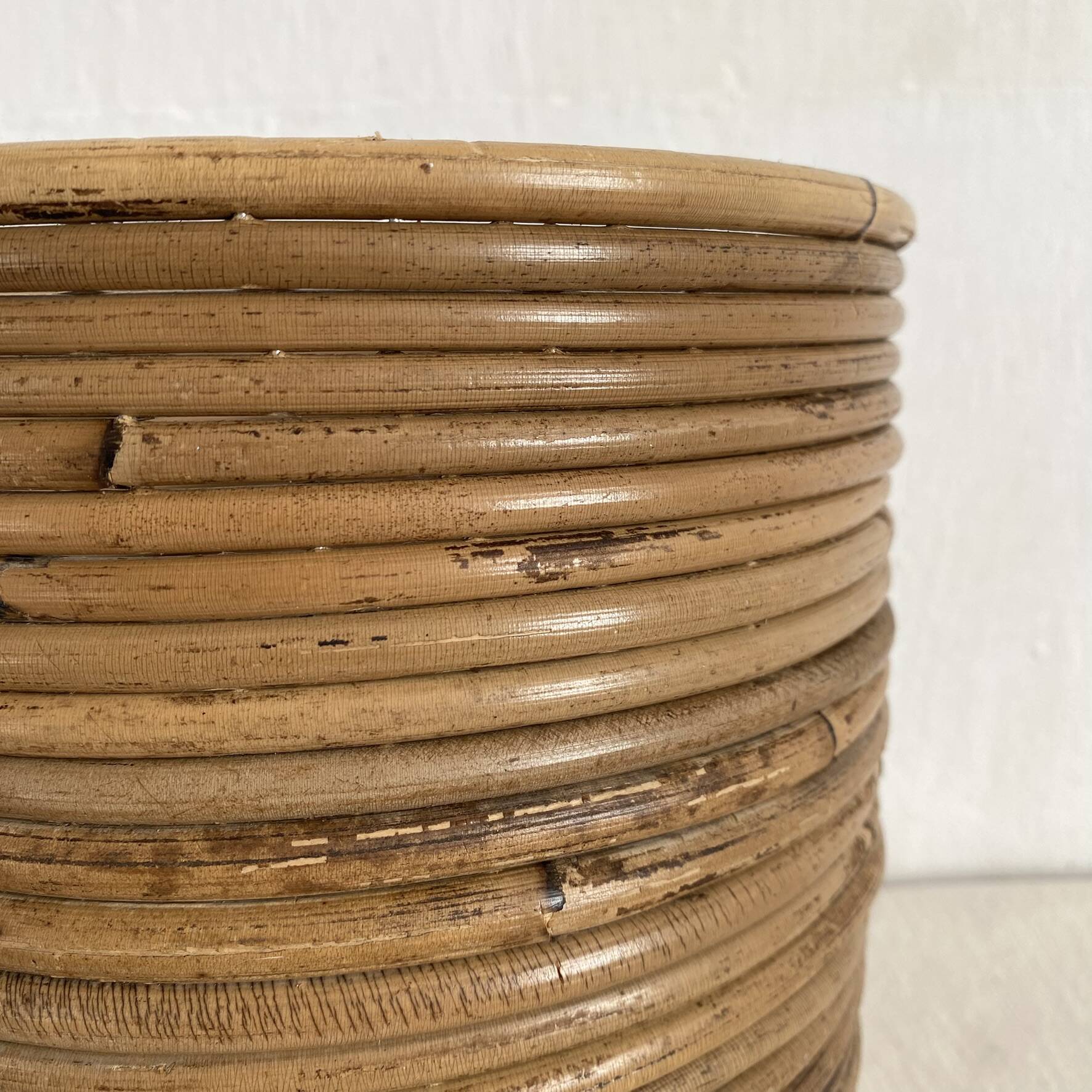 Vintage rattan cache pot in the style of Gabriella Crespi.