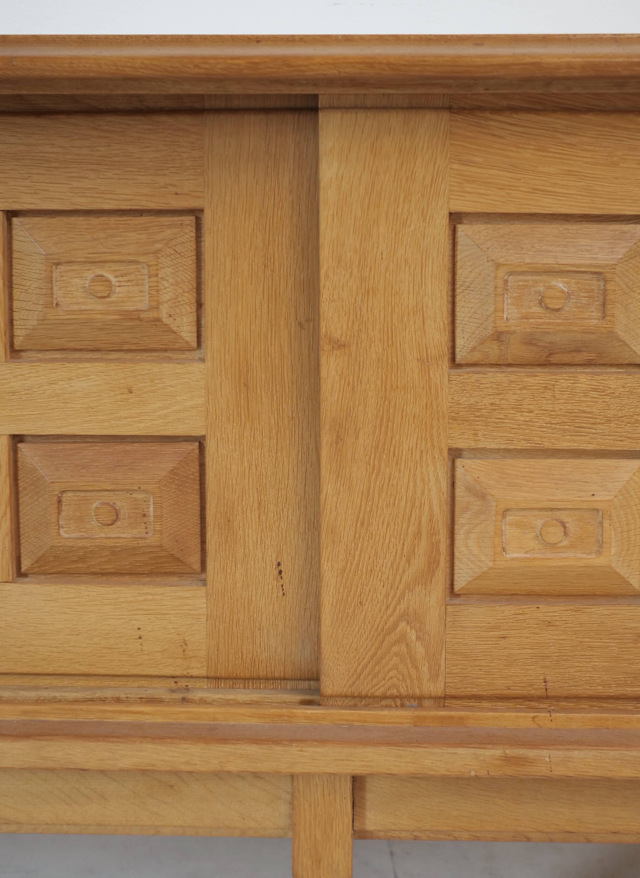 Guillerme and Chambron oak sideboard in light wood in a brutalist style.