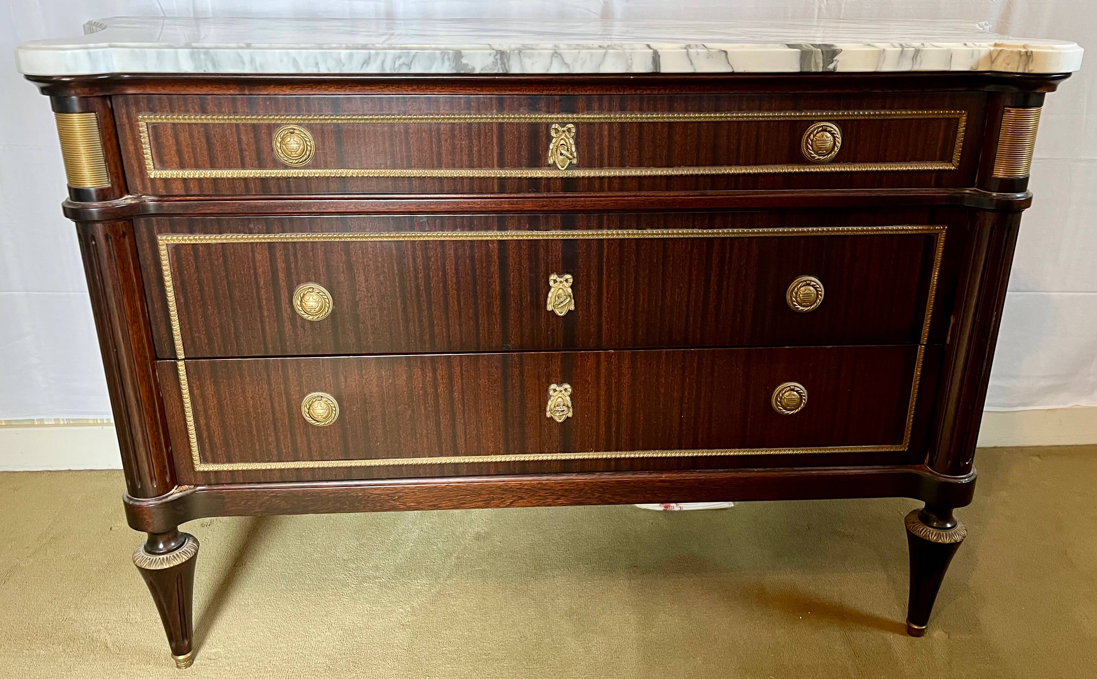 Large Louis XVI style chest of drawers, marble top.