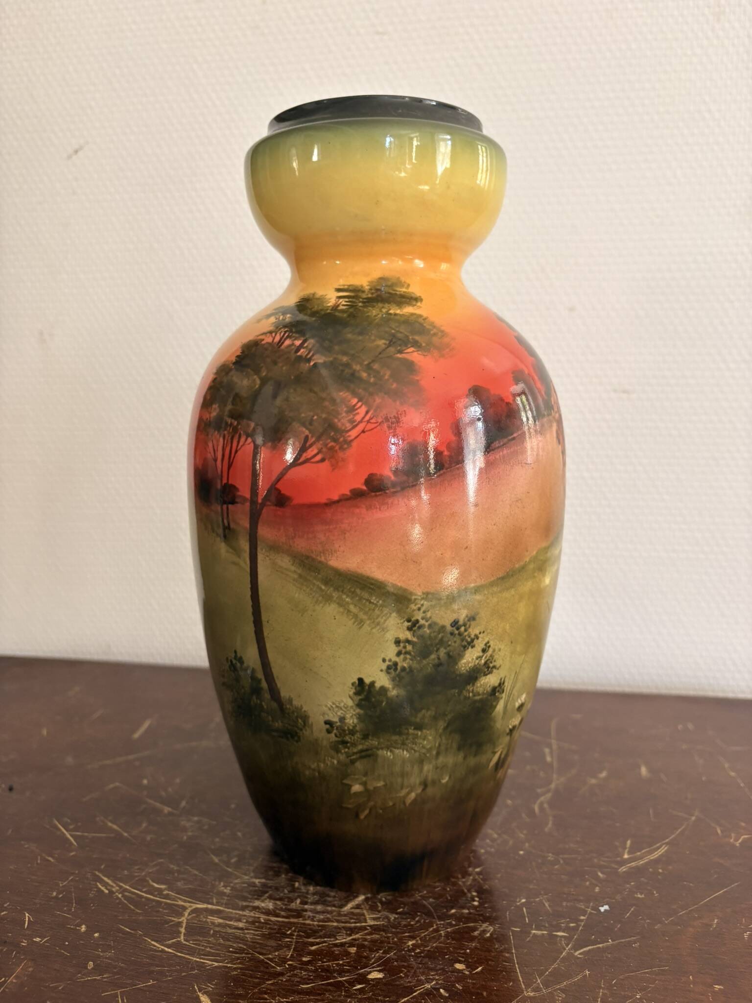 Antique English Vase Soleilian SF&Co 1910 Earthenware Decor Horses Ploughman