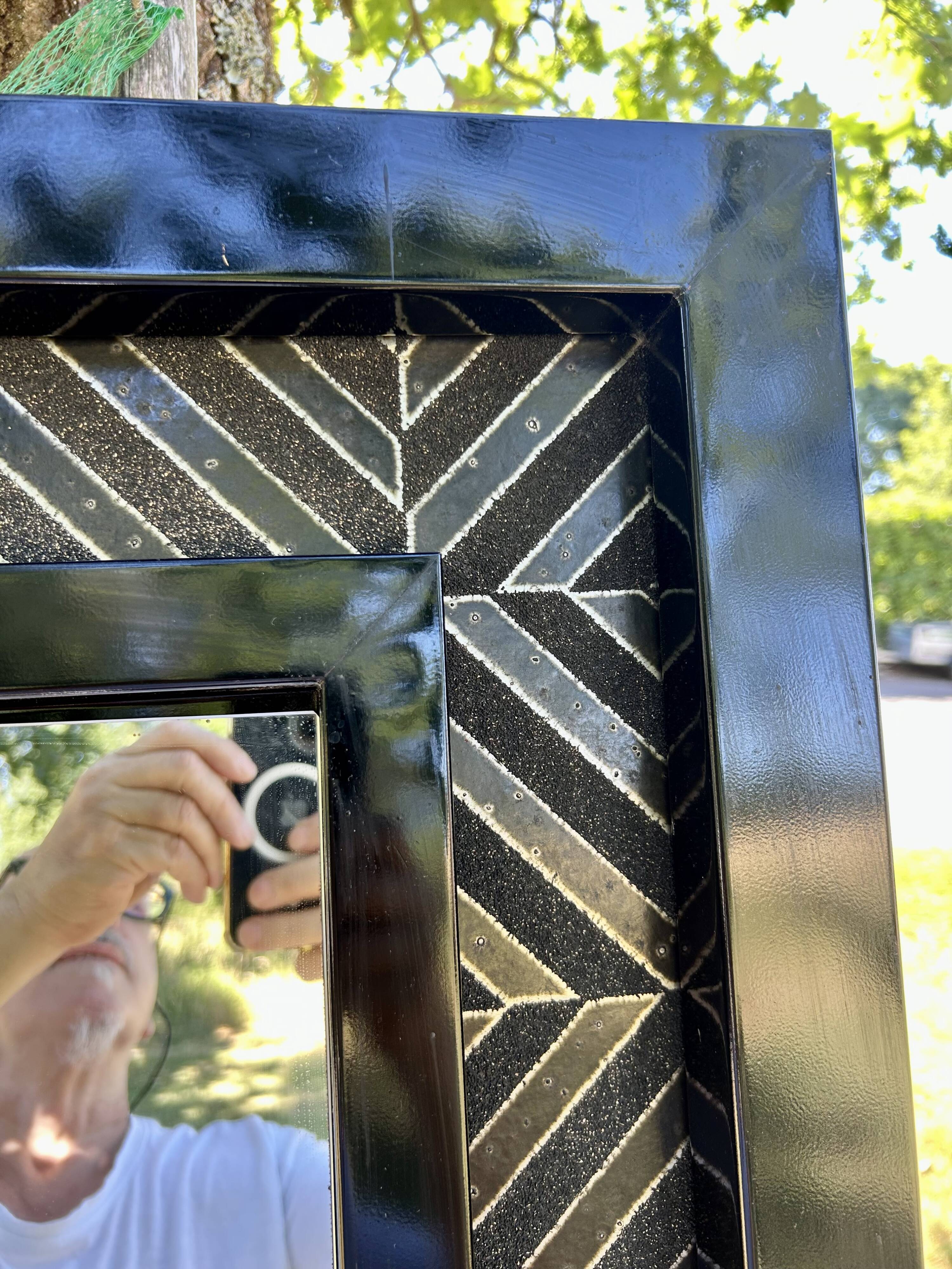Superbe miroir contemporain métal et céramique géométrique