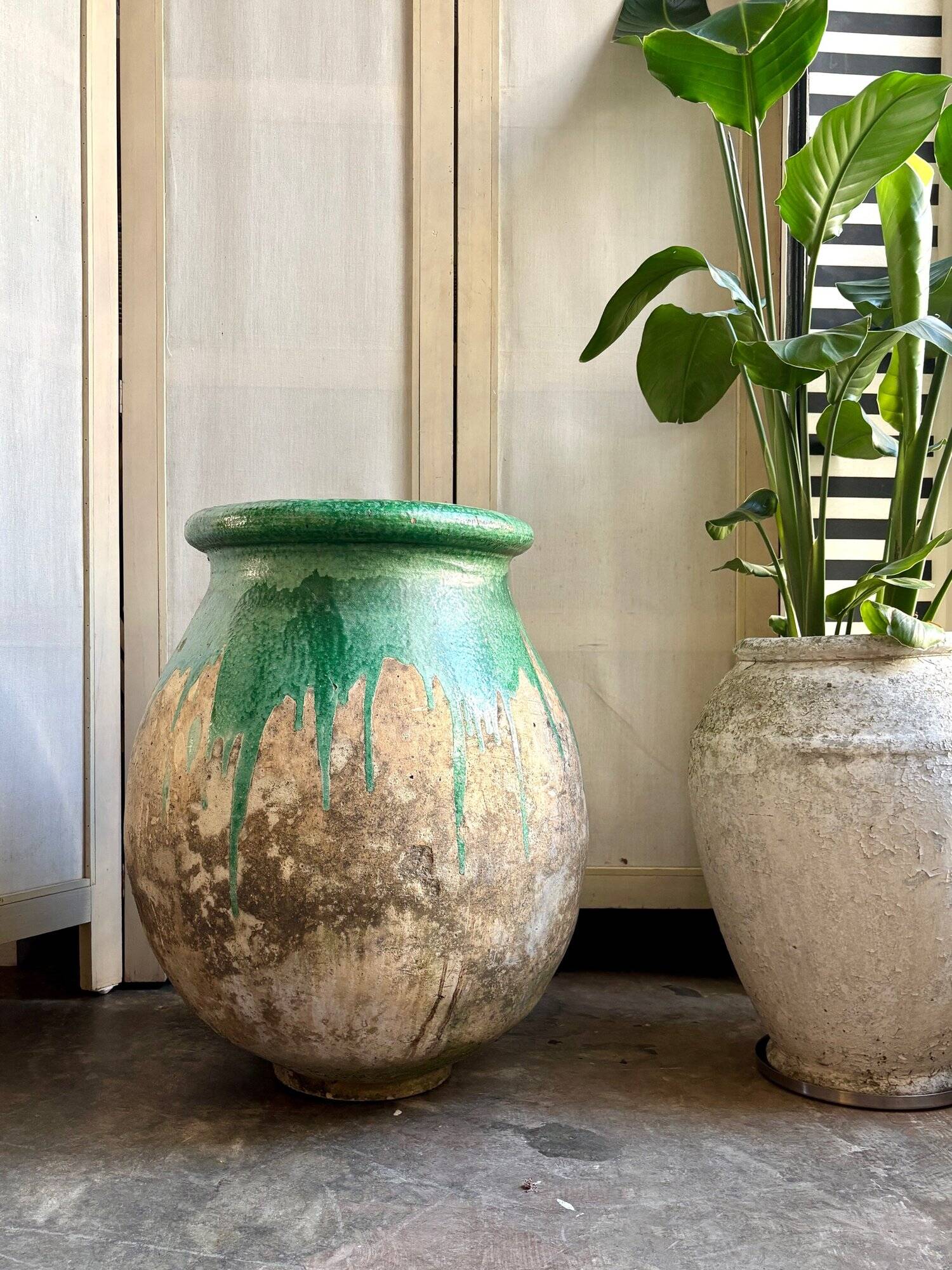 Biot jar, plant pot in beige and green glazed ceramic