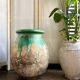 Biot jar, plant pot in beige and green glazed ceramic