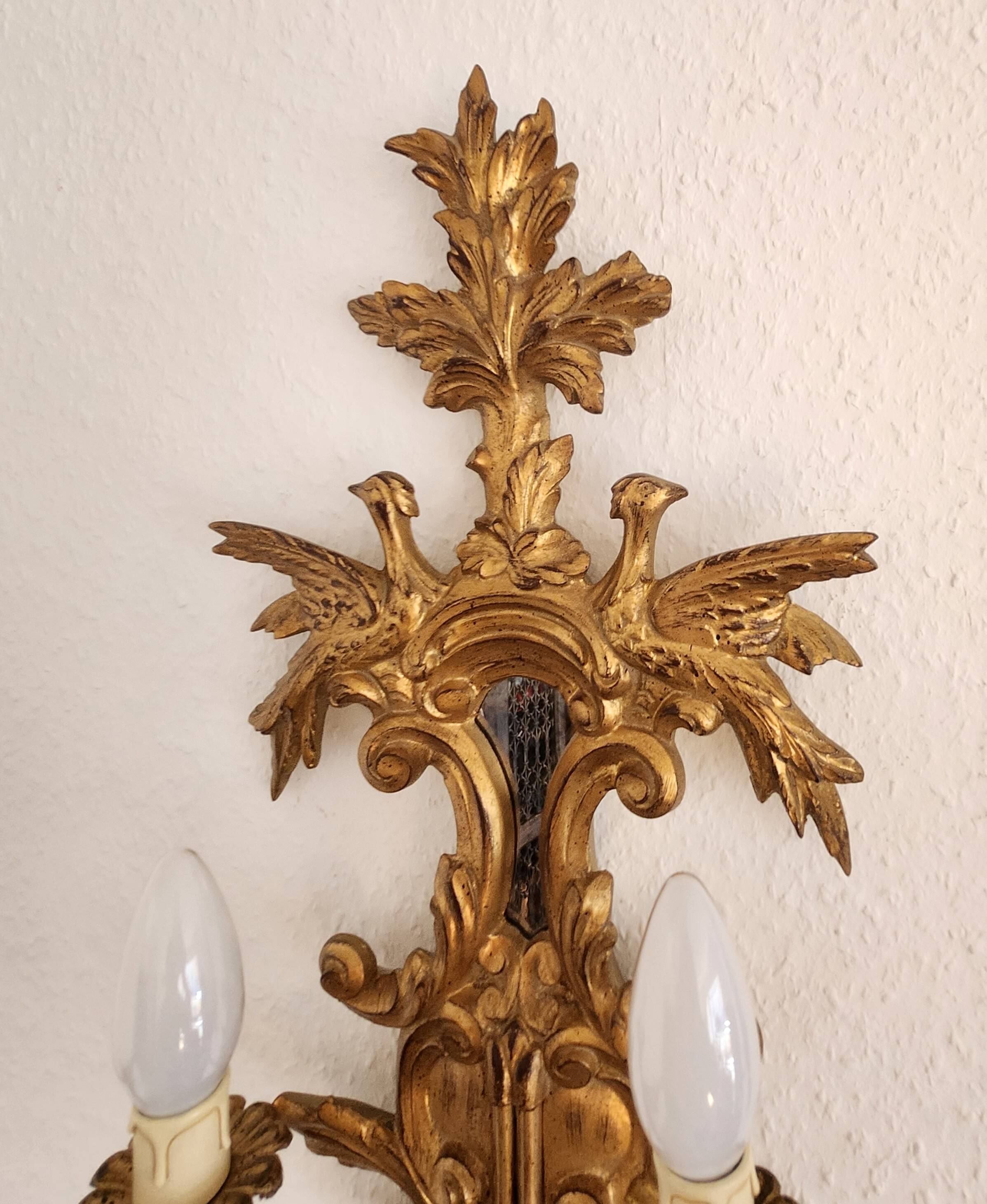 Louis XVI wall lamps Rocaille gilded carved wood antique mirror glass