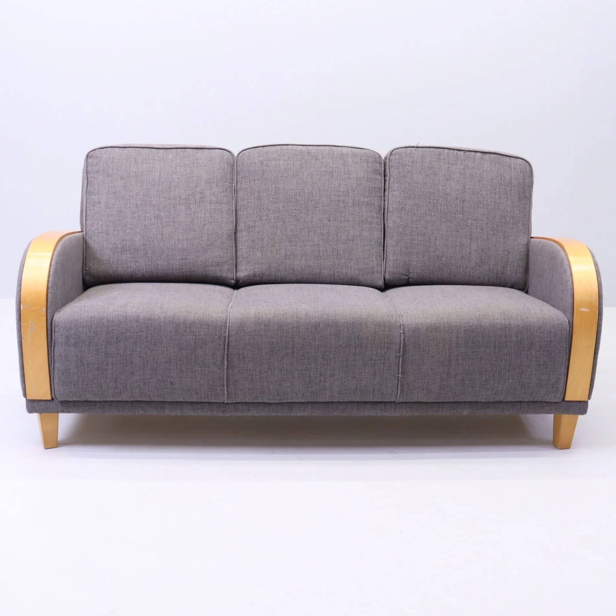 Three-seater Art Deco style sofa in grey fabric and curved wood.