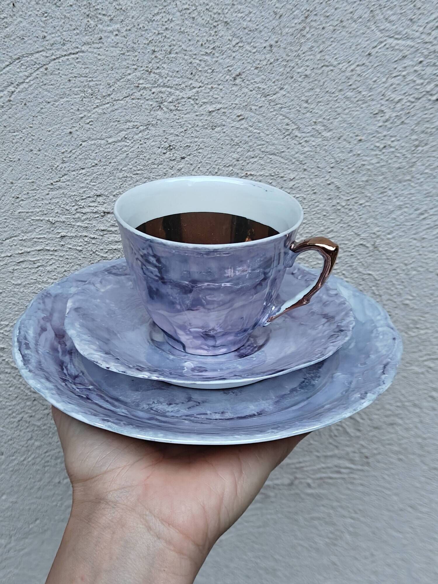 Vintage Marble Purple & Gold Interior Porcelain Coffee/Tea Trio -