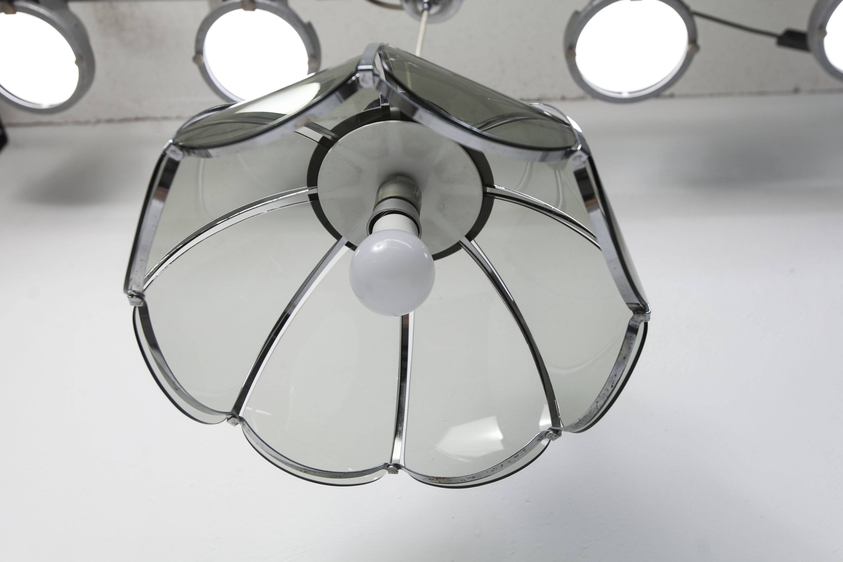 Floral suspension in chromed metal and grayed glass 1970