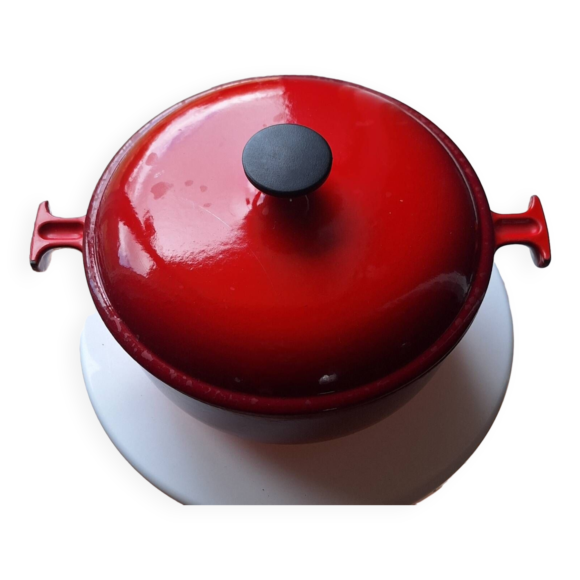 LeCreuset Enzo Mari orange red enamelled cast iron round casserole dish 23 cm perfect condition