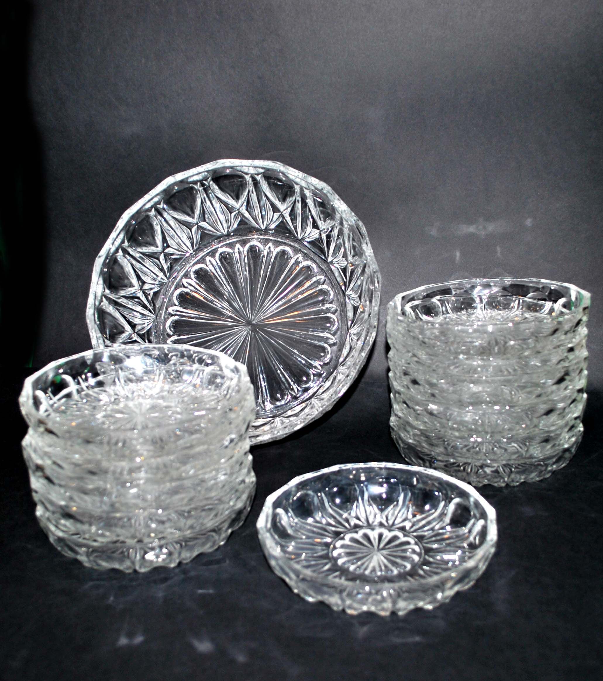 Vintage dessert set - salad bowl and 12 cups in retro pressed-molded glass 1950
