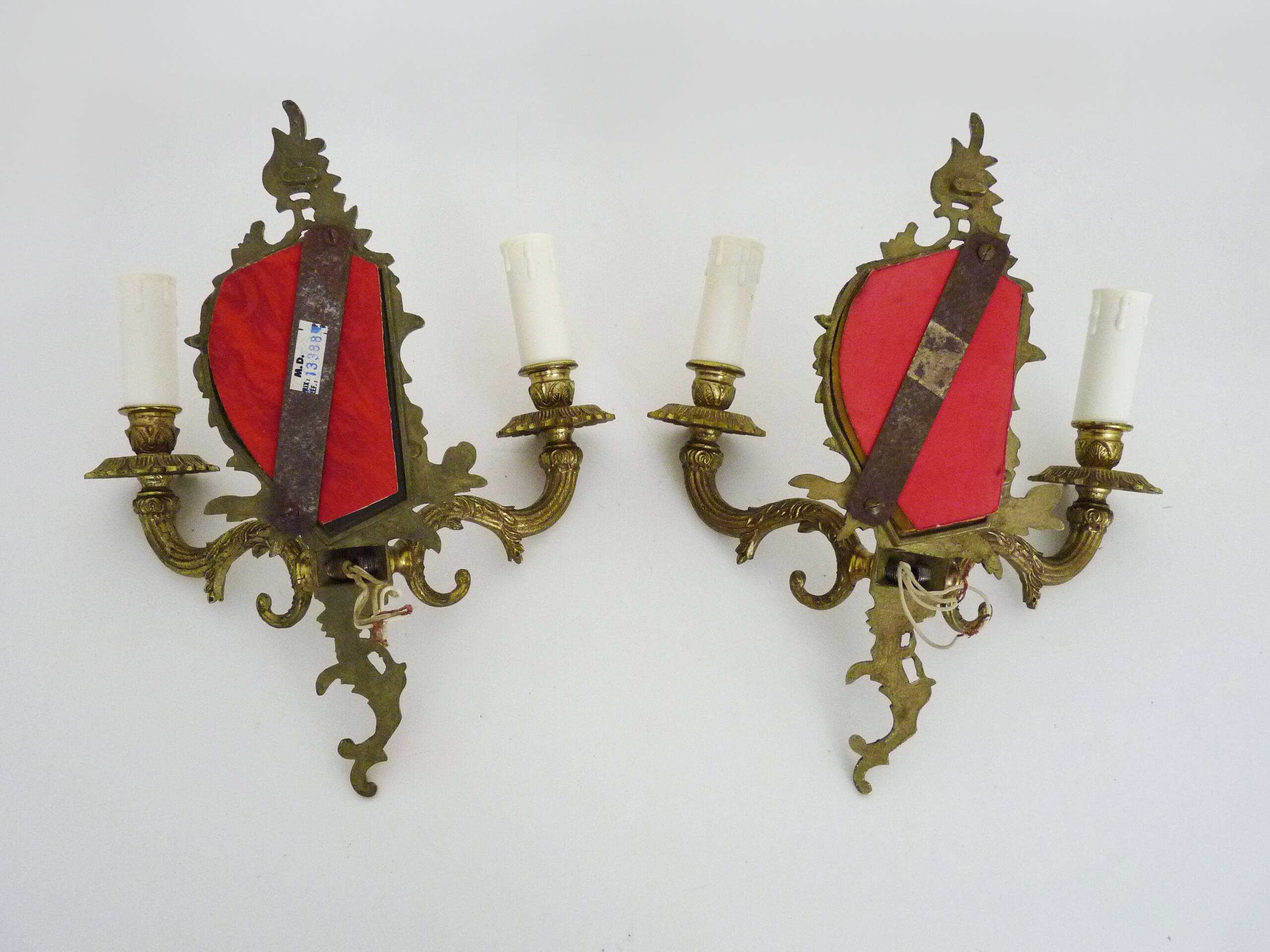 Pair of vintage bronze wall sconces with mirror and 2 candles. 1960s