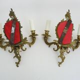 Pair of vintage bronze wall sconces with mirror and 2 candles. 1960s