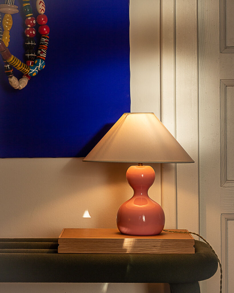 Pink lacquered turned wooden lamp base 70s