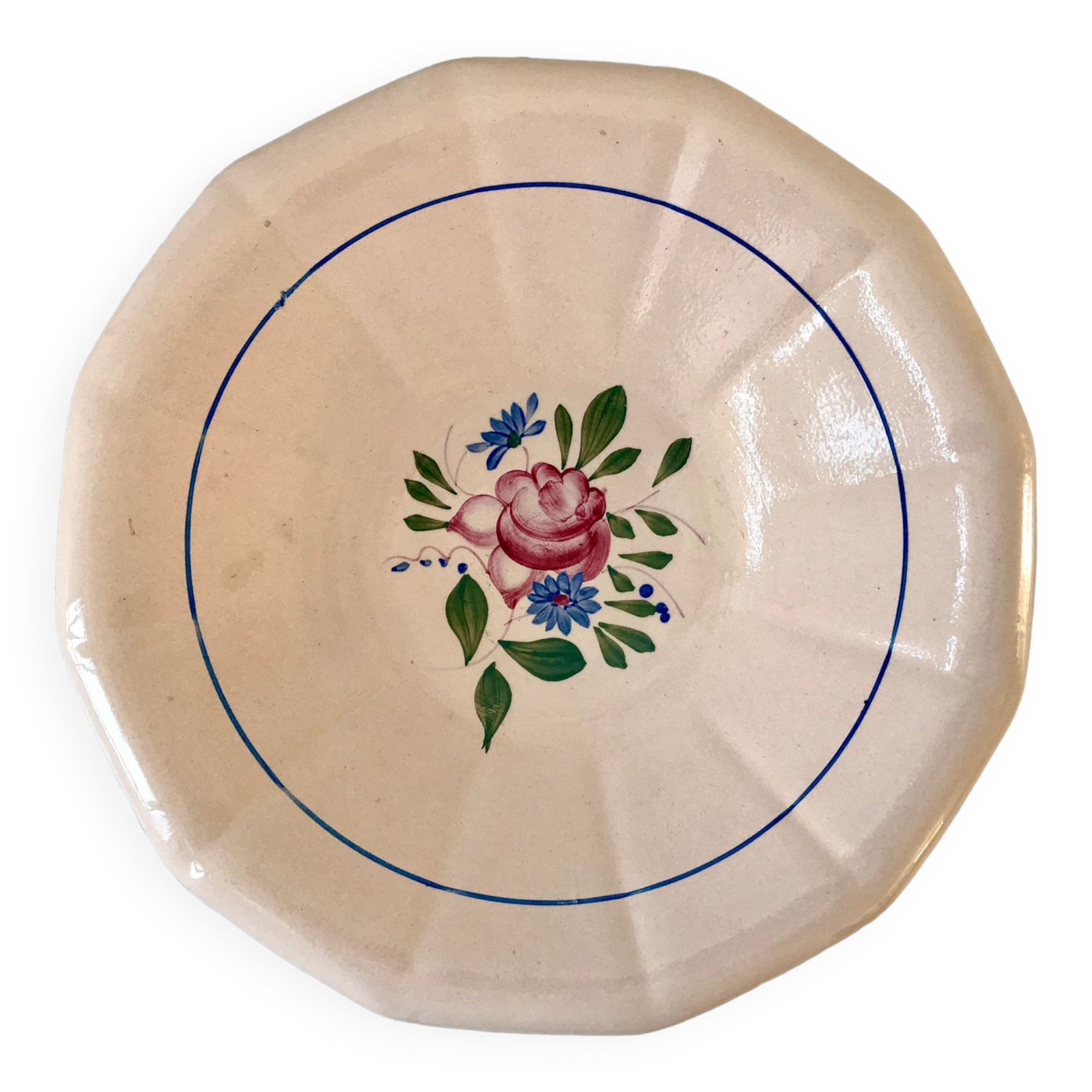 hollow dish Digoin Sarreguemines beige with pink and blue flowers 40s