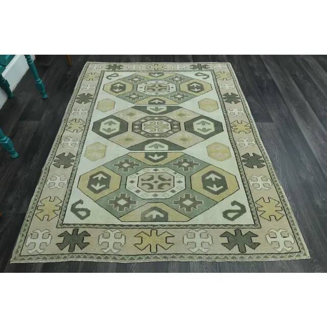 1970s vintage Turkish Oushak handmade wool cotton green area rug 164x207