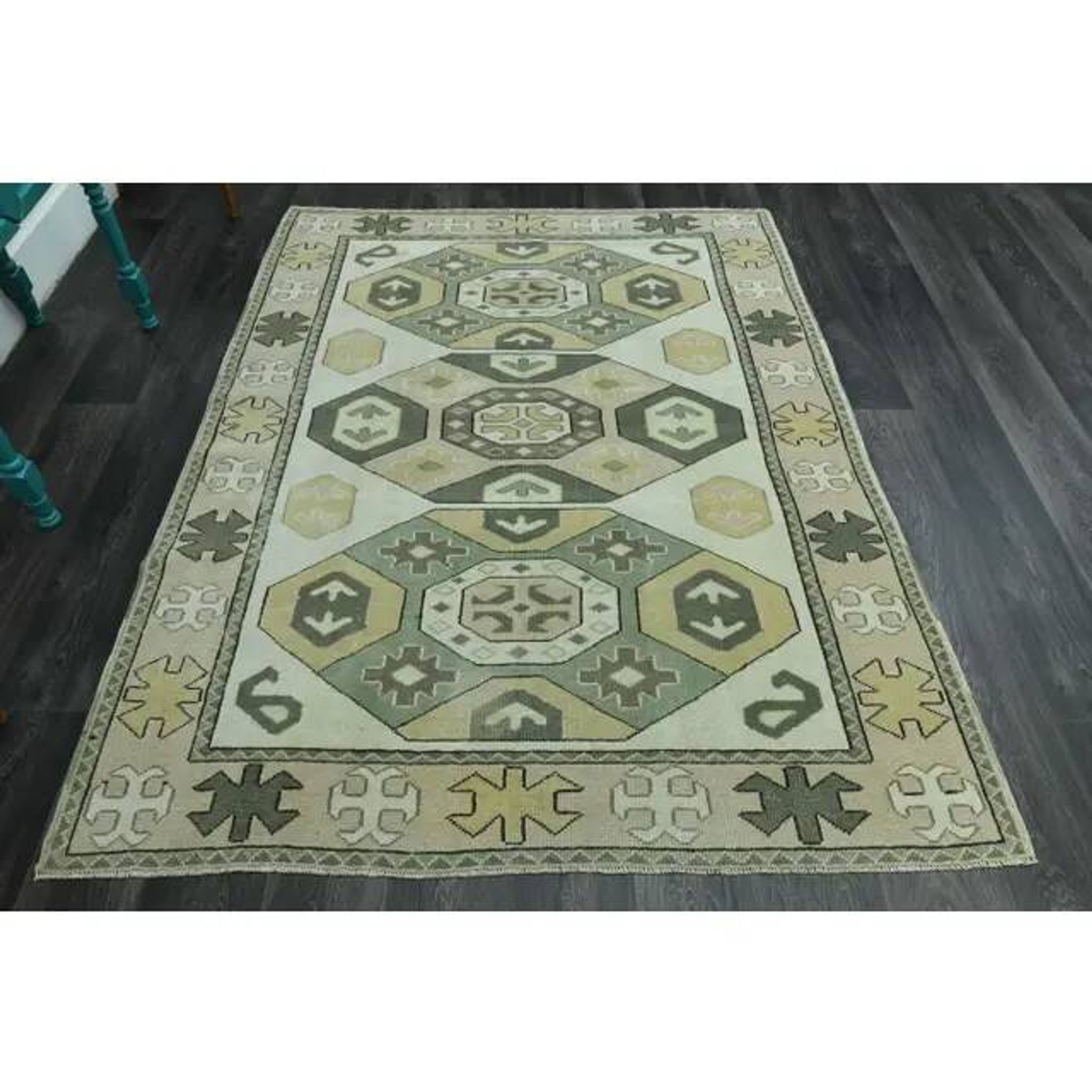 1970s vintage Turkish Oushak handmade wool cotton green area rug 164x207