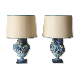 Italian carved wood & stucco table lamps, 1960s, set of 2