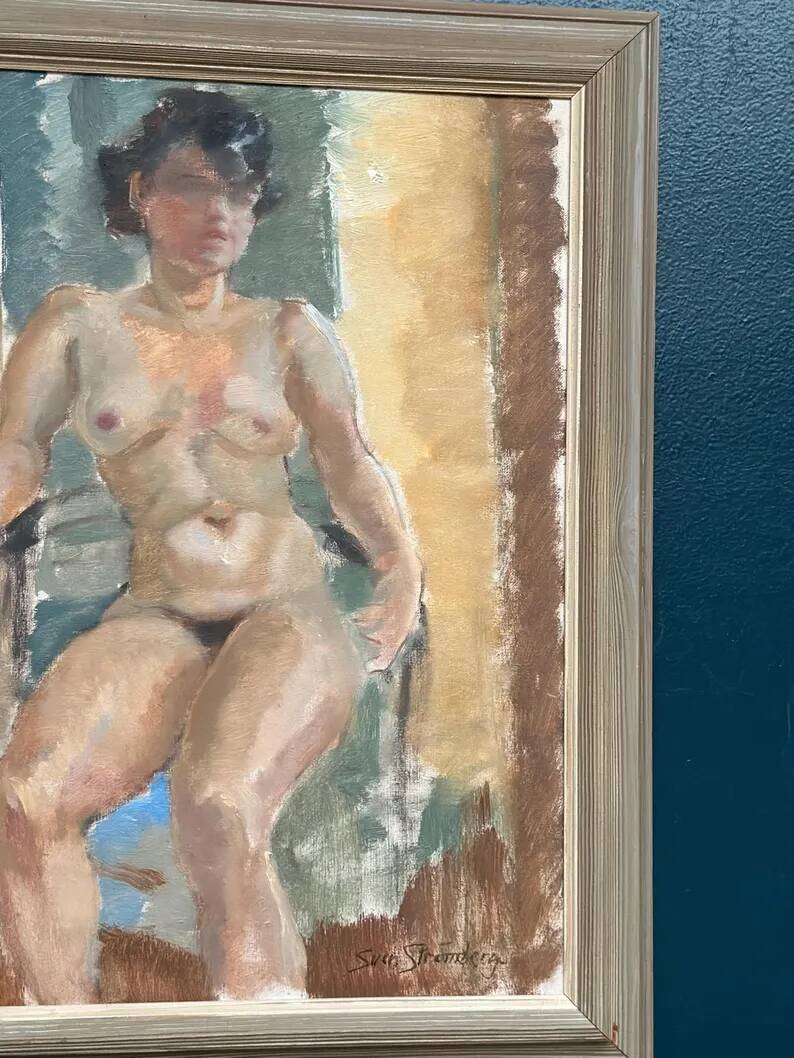 Huile sur toile originale – “Dame assise” par Sven Strömberg – Signée – Vintage et encadrée
