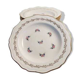 Lot de 12 assiettes creuses l'Amandinoise dorées et fleuries