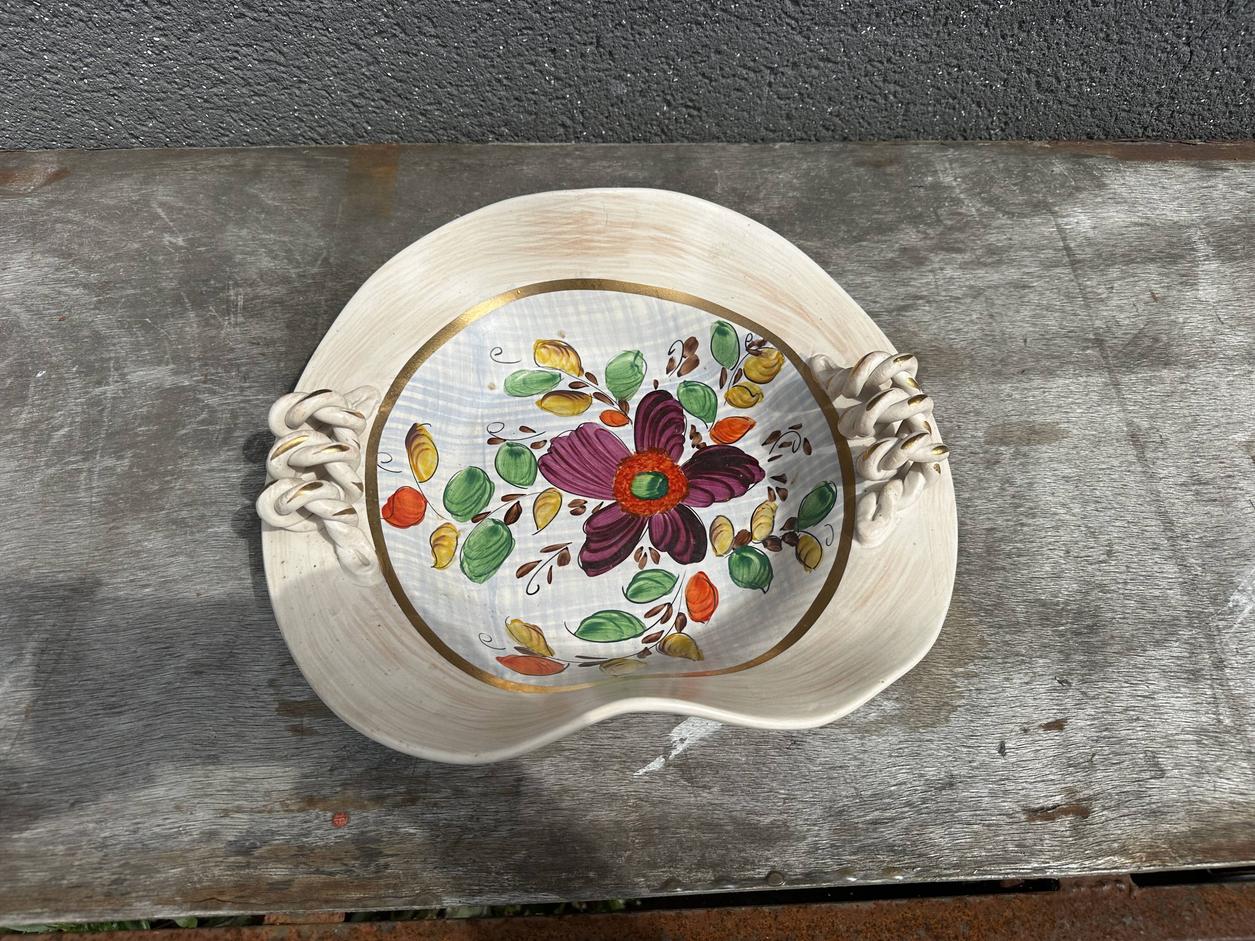 Painted ceramic fruit basket woven by Hubert Becquet, Quaregnon.