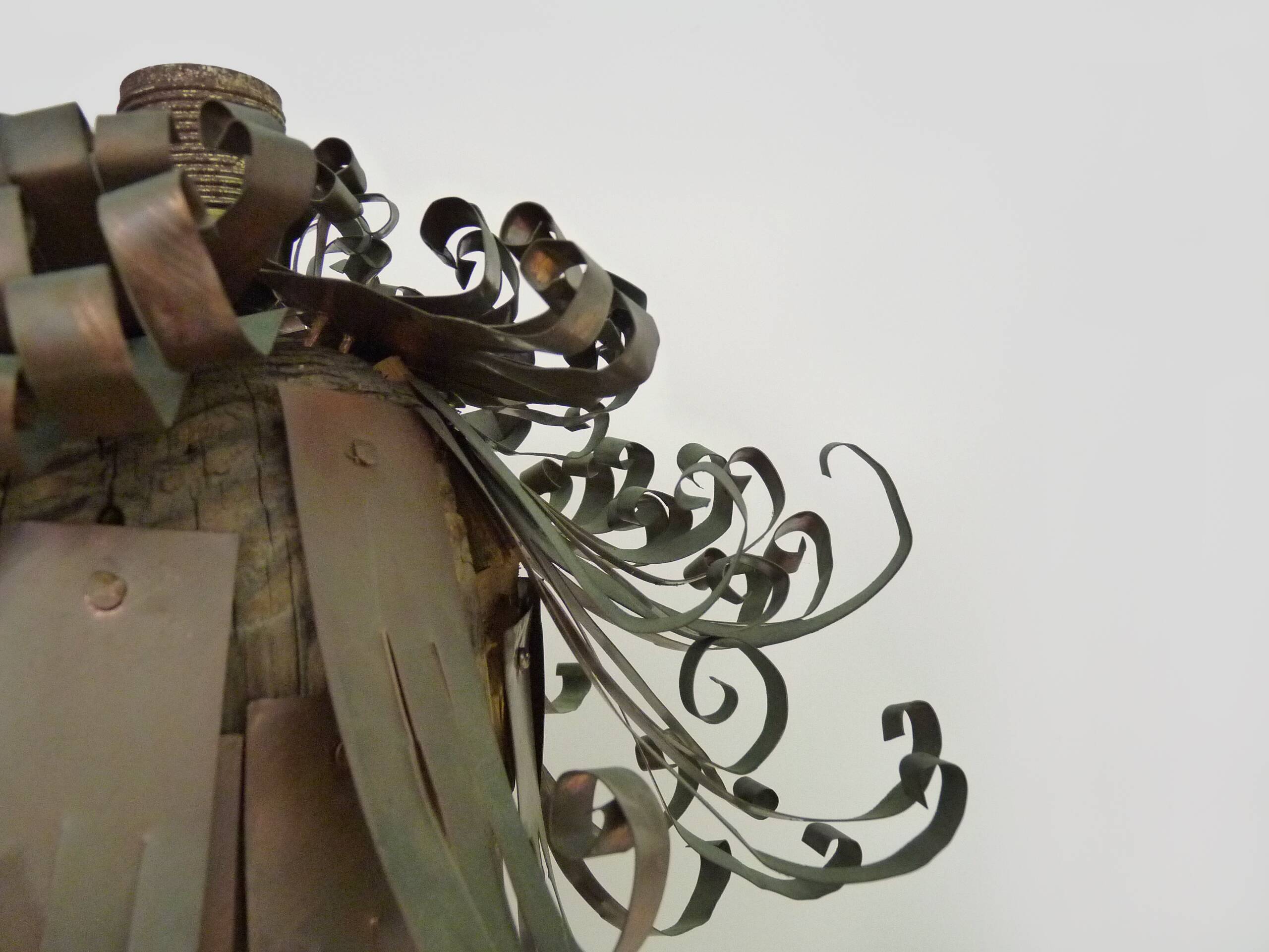 Unique piece. Wooden lamp and metal hair with devil's head "self-portrait"