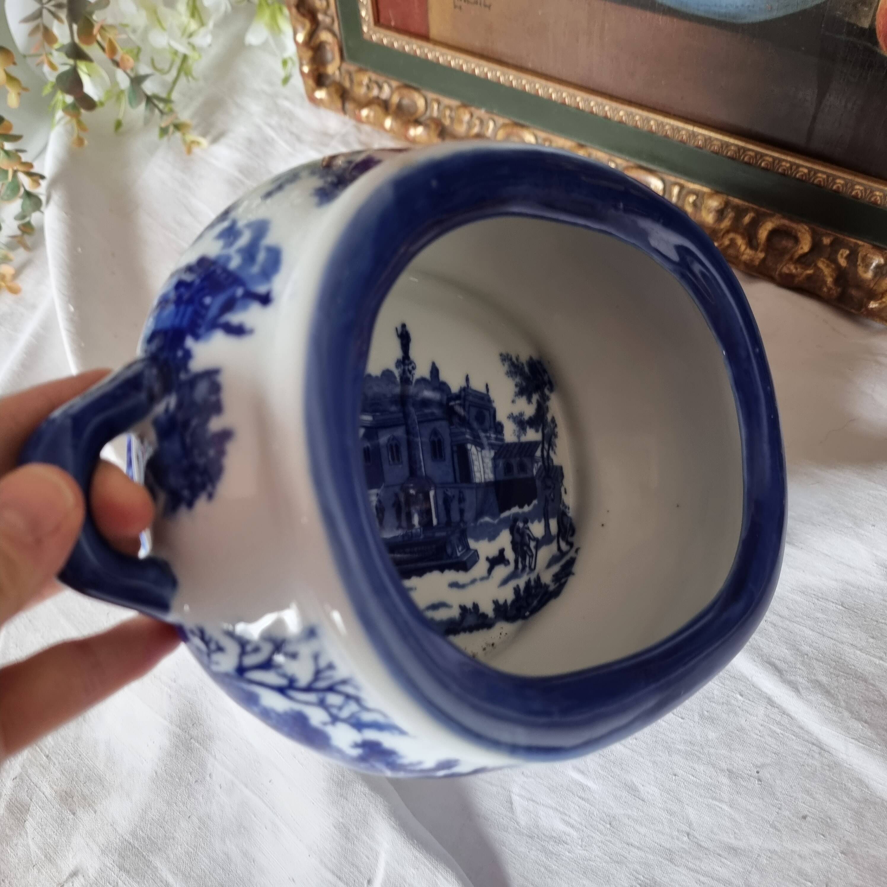 English porcelain flower pot or planter, blue Victorian landscape