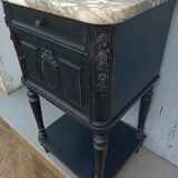 Romantic black bedside table with patinated marble and wood
