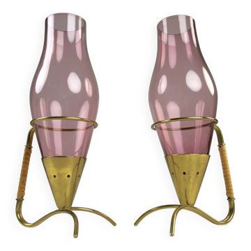 Pair of Brass, Pink Glass & Rattan Candleholders, Model 3823-94 — Gunnar Ander for Ystad-Metall, Sweden, late 1950s