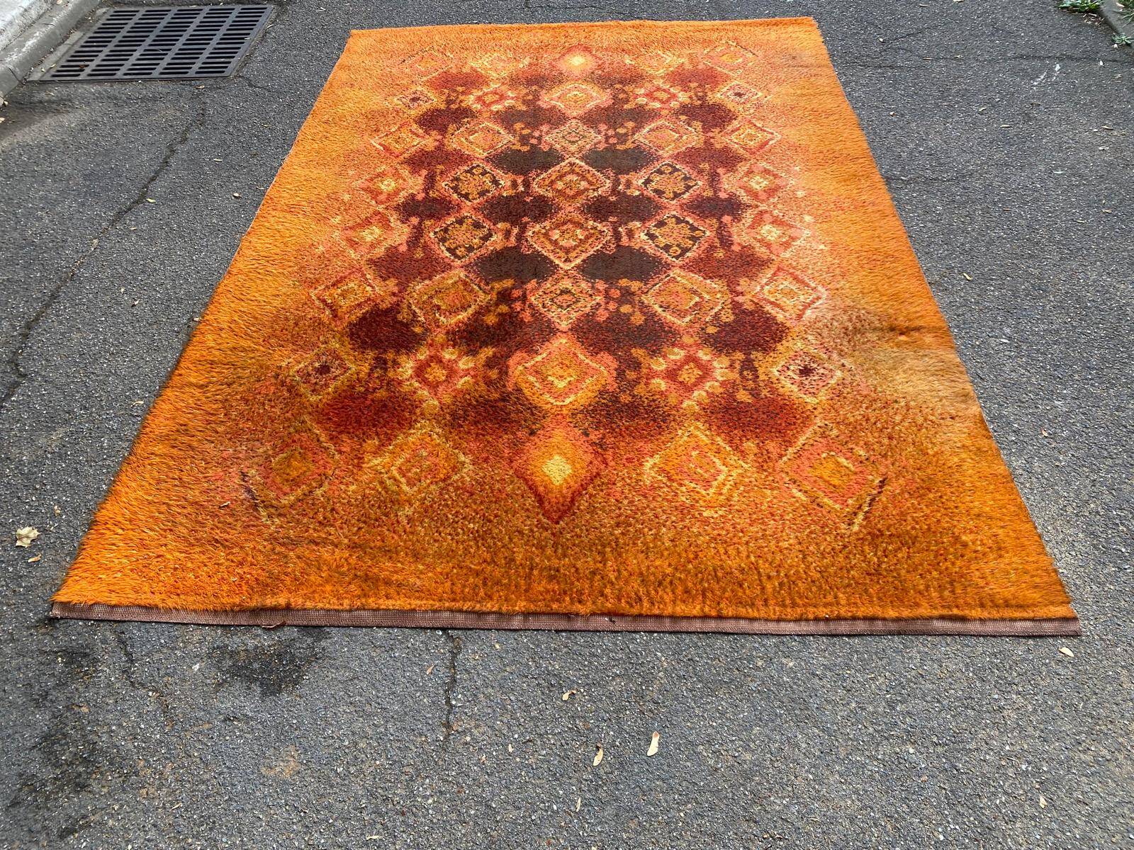 Large vintage shaggy carpet DESSO Menuette 200x300 cm orange & brown 1970