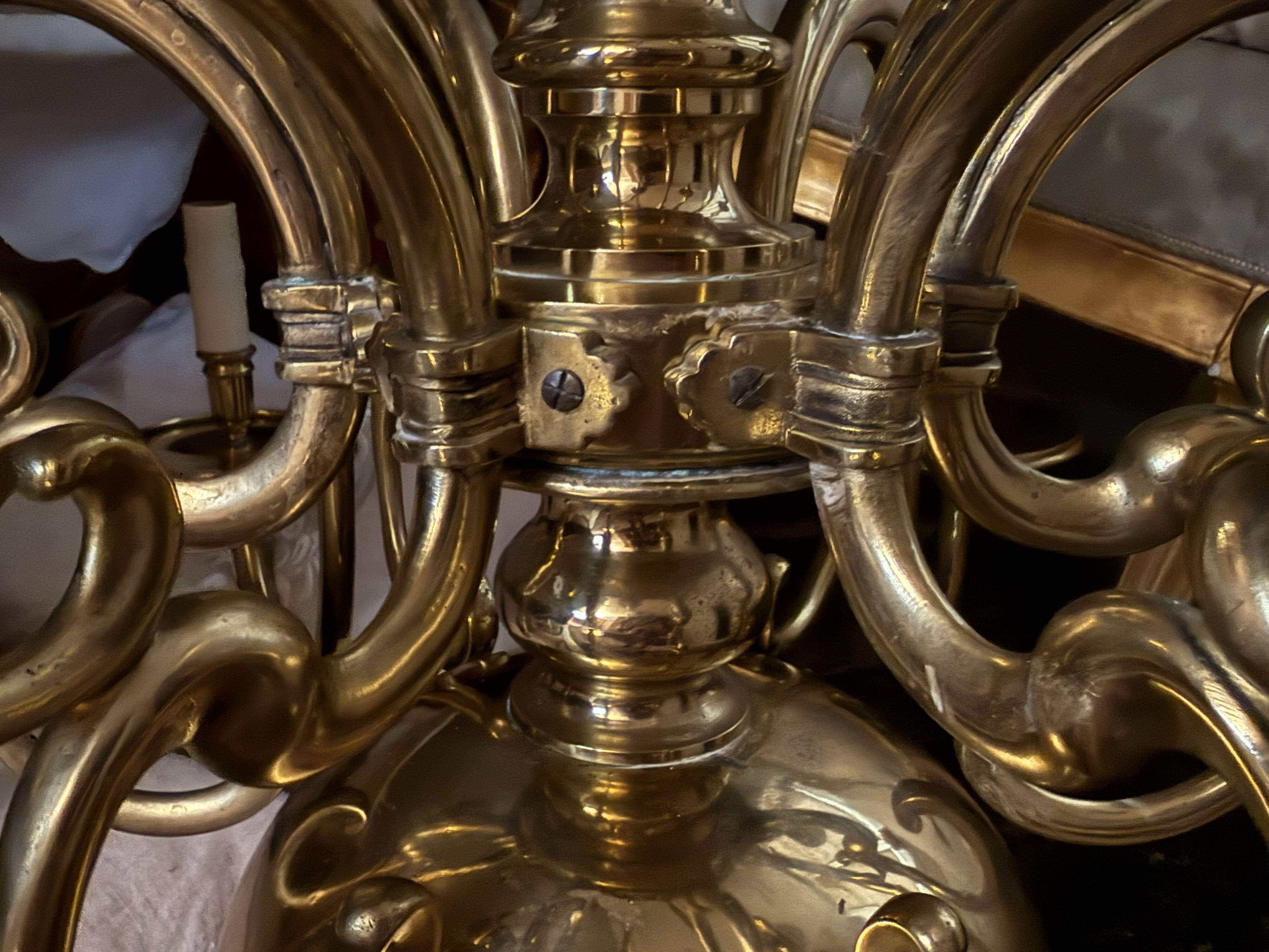 Large Dutch brass chandelier, 12 lights