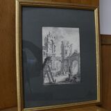 French school of the 18th century, courtyard of a ruined palace, pen drawing