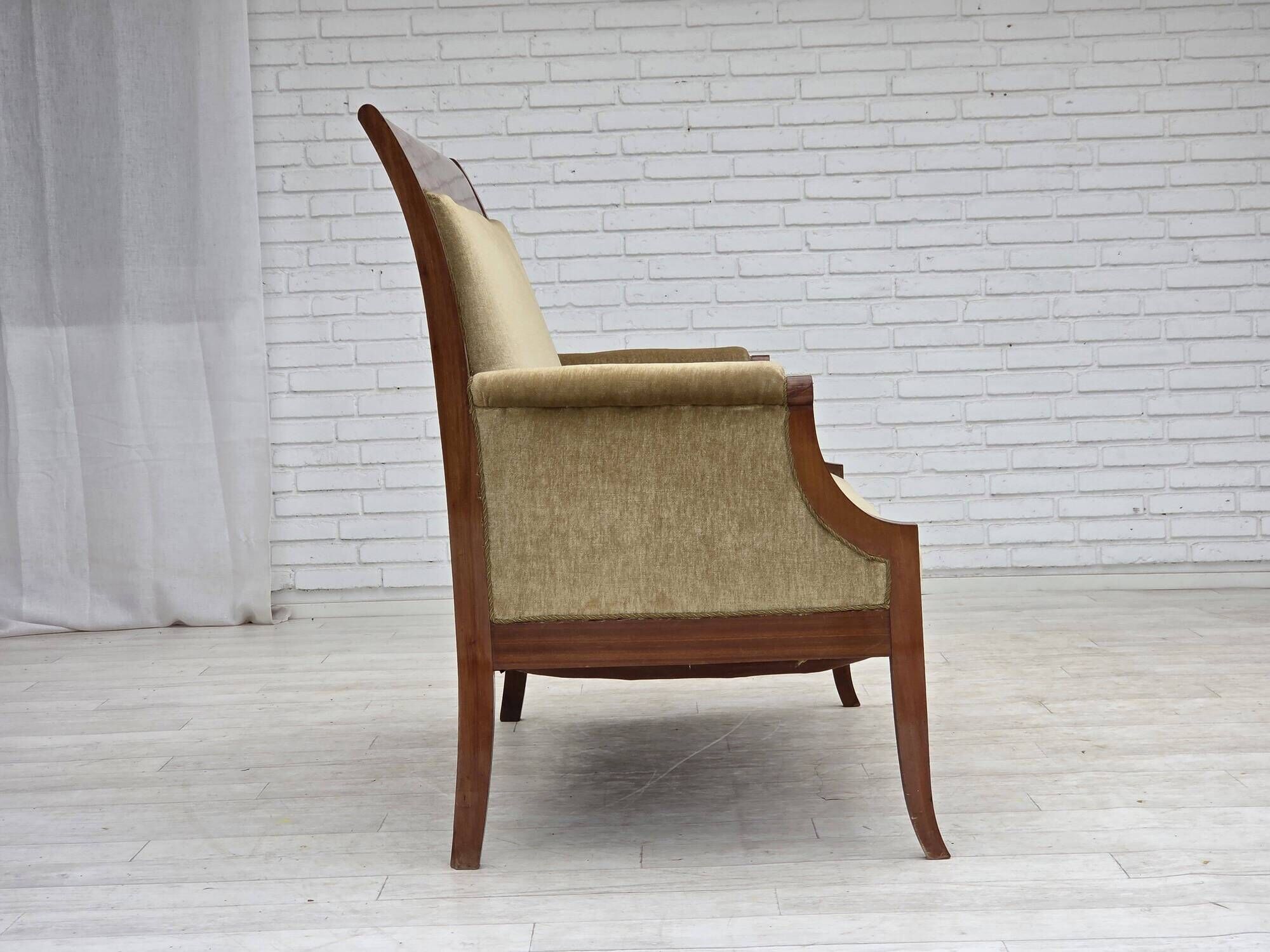 1950s, 2 seater Danish highback sofa, furniture velour, laqered teak wood.