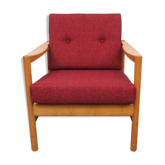 Red armchair in solid wood and red tissu - 1960s