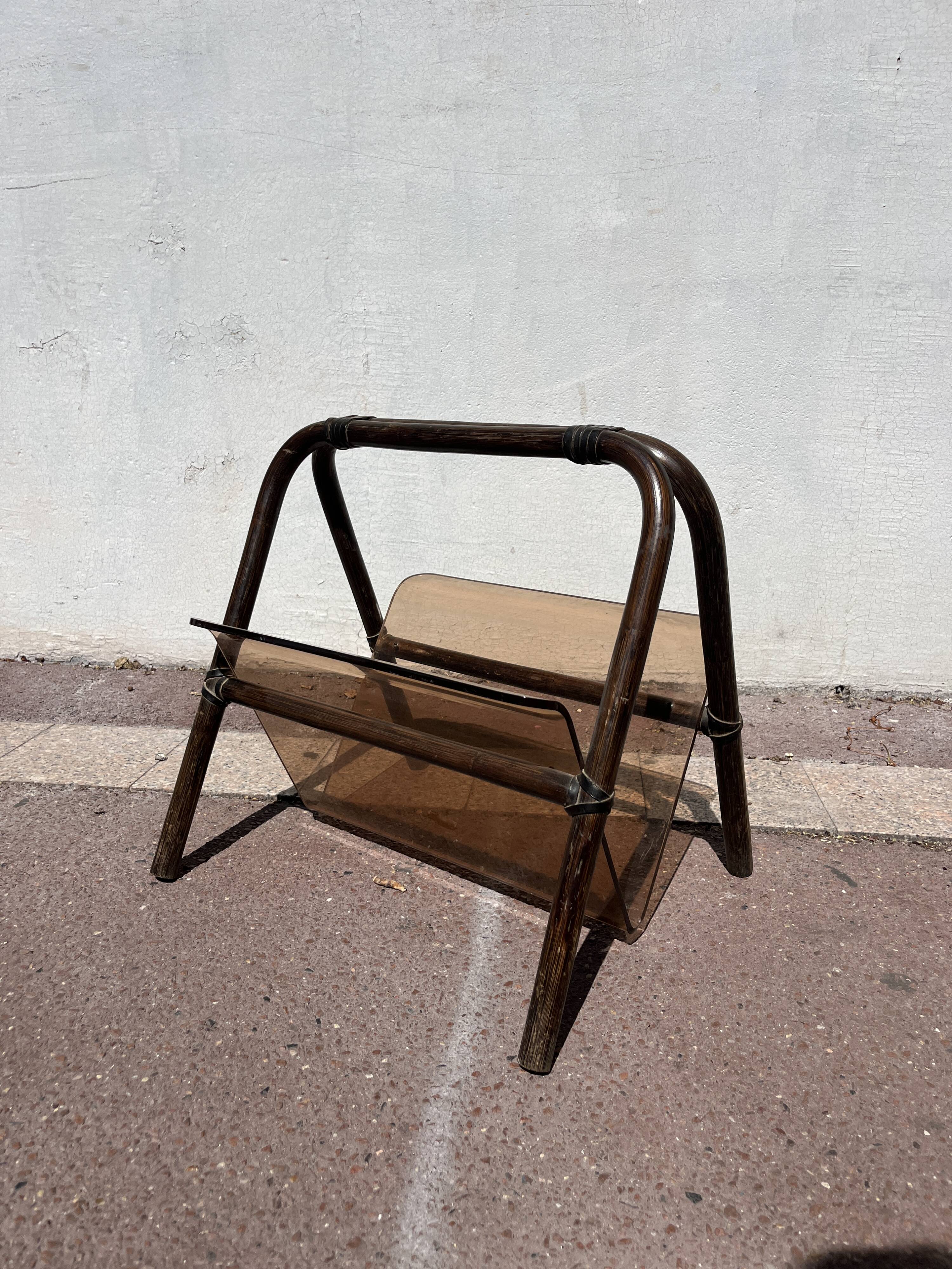 Rattan and Plexiglass magazine rack by Marc Held