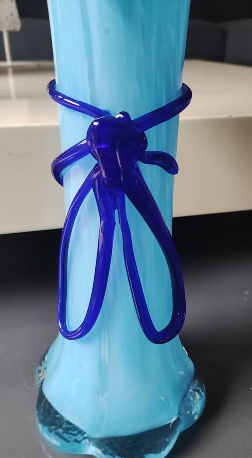 Large Murano Vase Floral Design, Opaline. Relief Ribbon Bow Decor