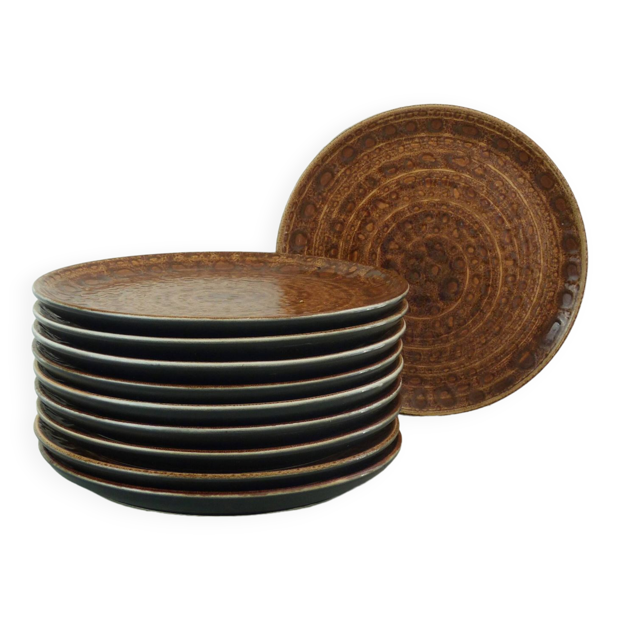 Set of 10 brown ceramic dinner plates