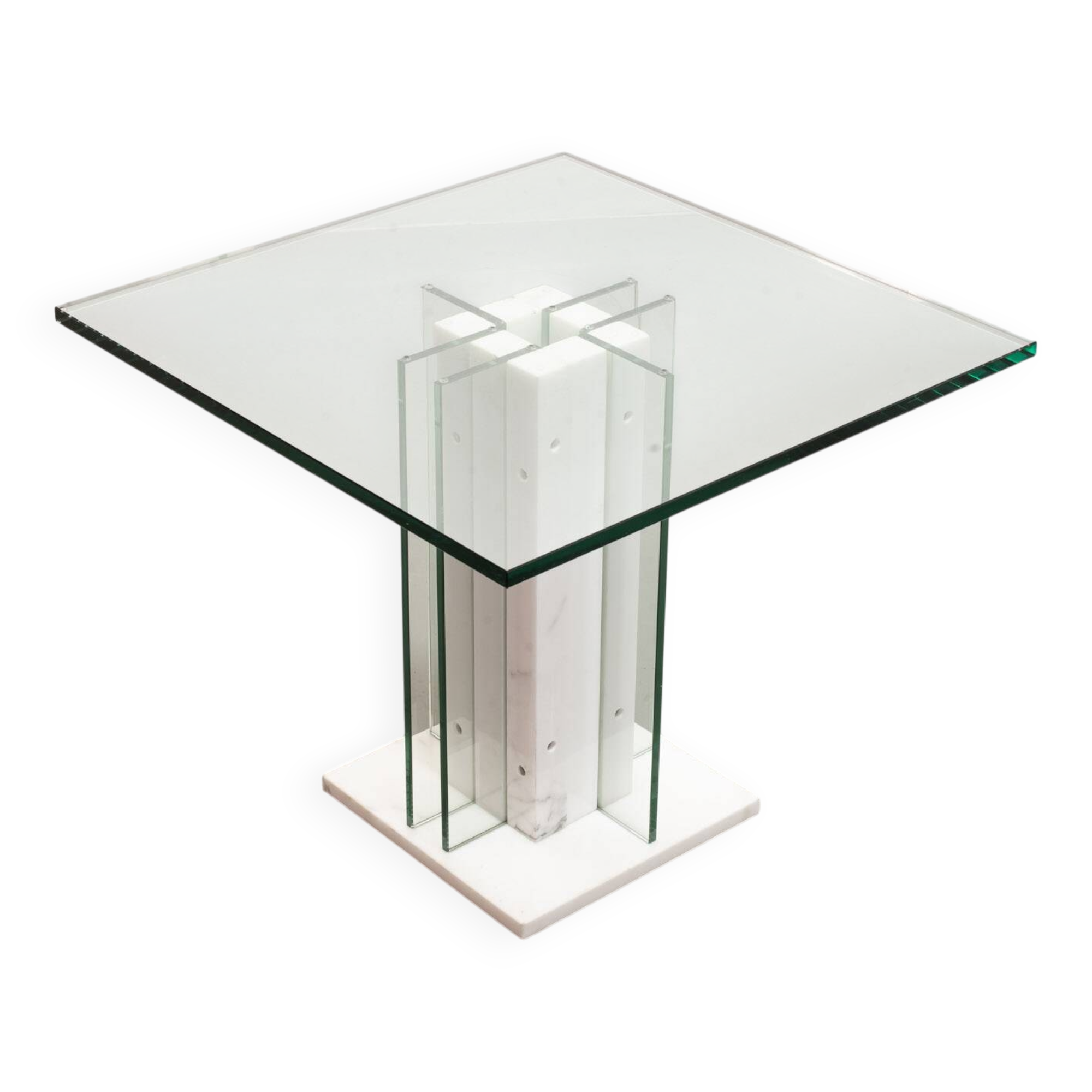 White Marble Italian Square Side Table with Glass Top and Lighting Option