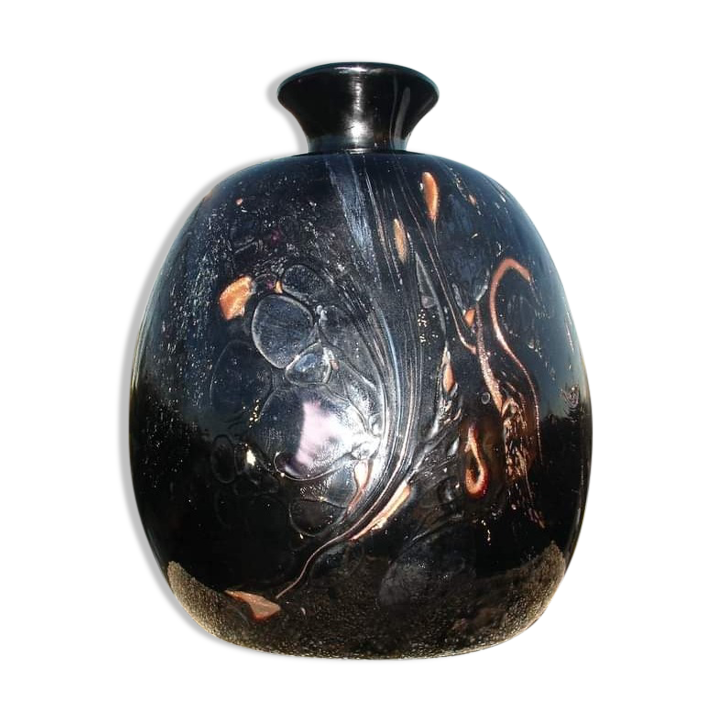 Vase in multi-layered black glass paste with inclusions of gold and other colors, signed by Bob le Bleïs