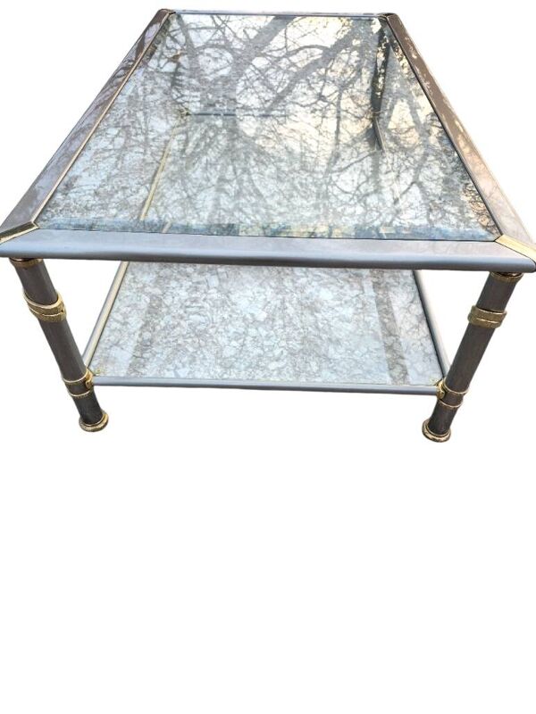 table de salon 1970 métal alu brosse et doré verre biseauté