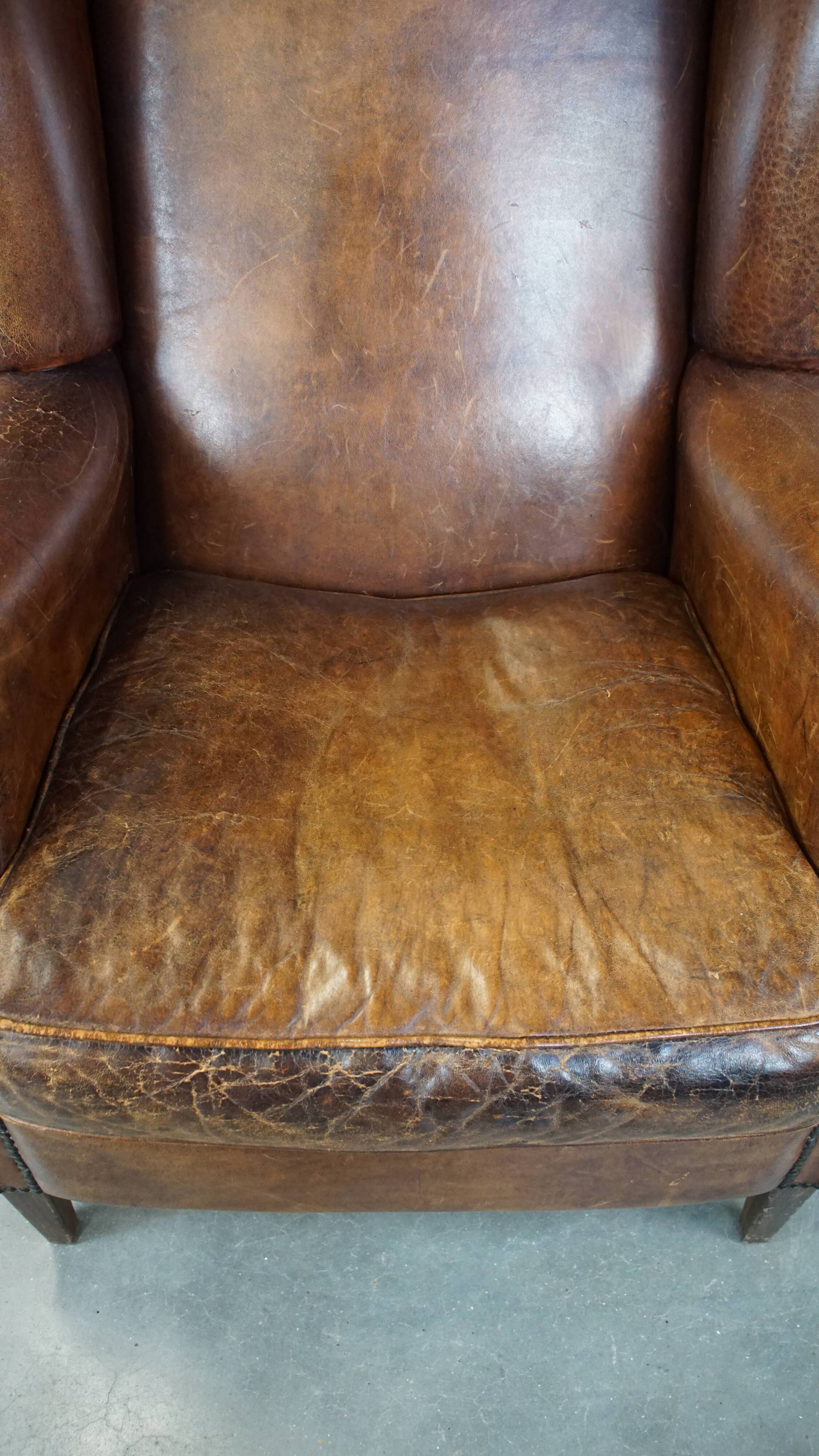 Large Vintage English-Style Sheepskin Leather Wingback Armchair