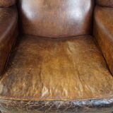 Large Vintage English-Style Sheepskin Leather Wingback Armchair