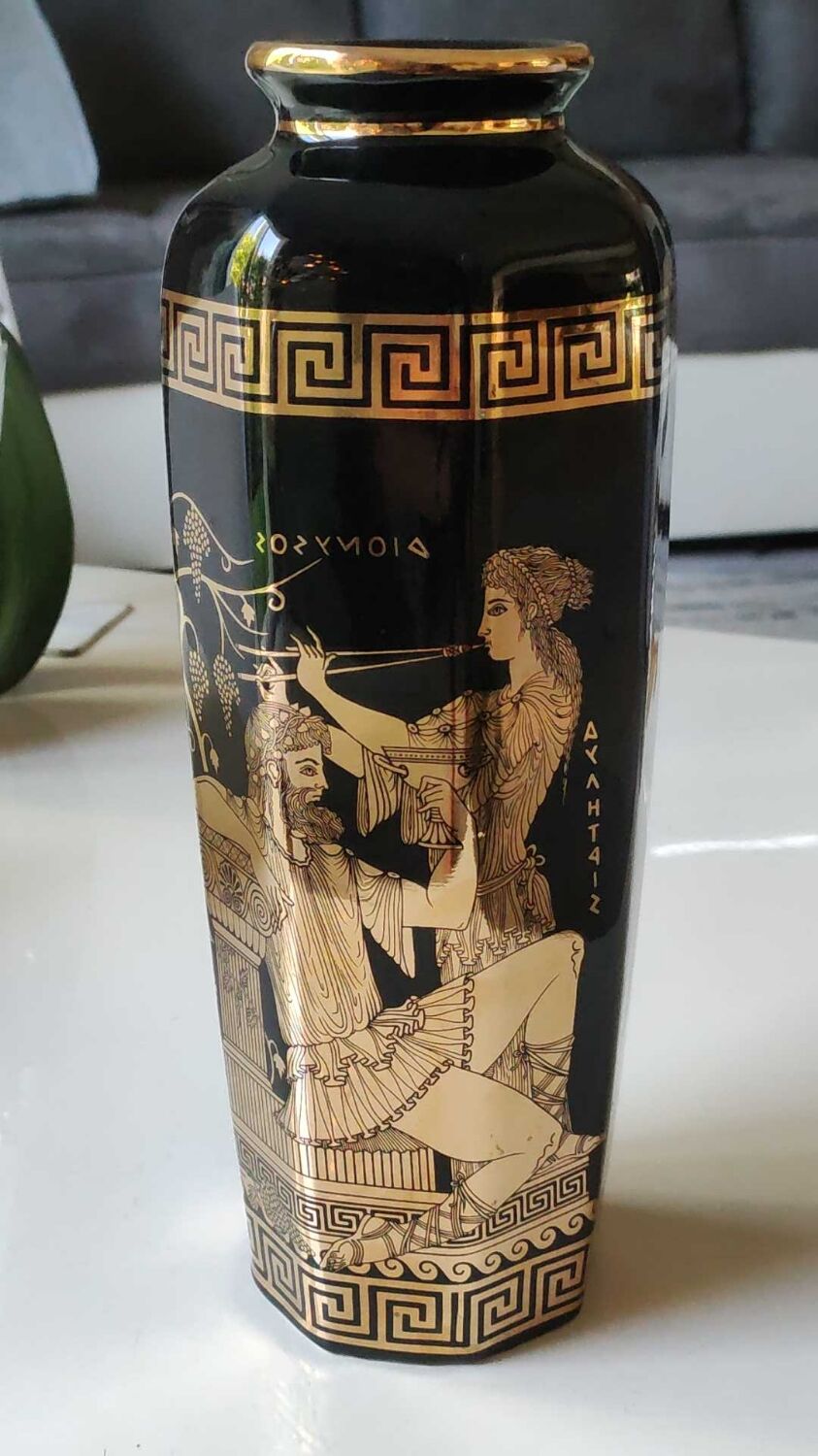 Ancient Greek octagonal vase, tubular porcelain shape. Decoration scenes of life / Gods mythology Greek. Signed ST Handmade in Greece. High 26 cm