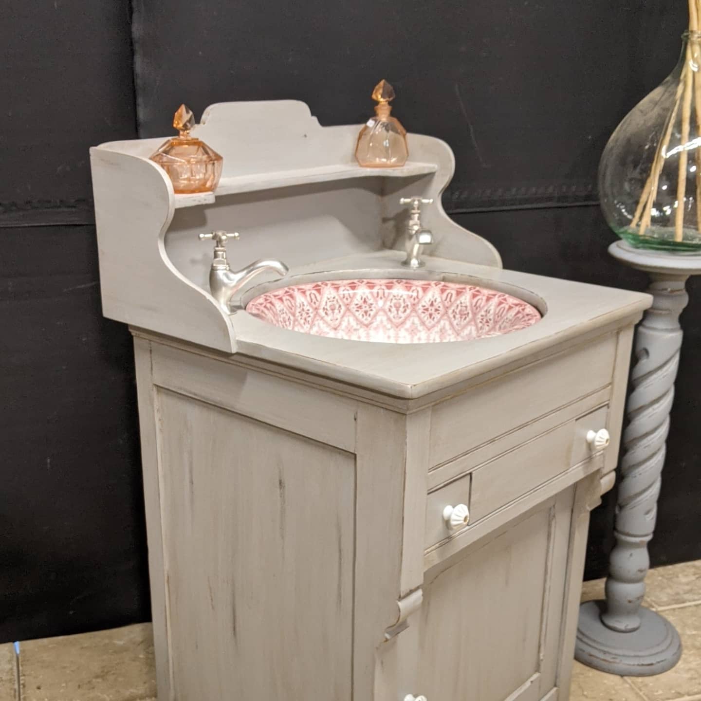 Old vanity unit in patinated wood gray basin earthenware rocker bathroom