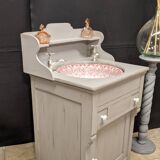 Old vanity unit in patinated wood gray basin earthenware rocker bathroom