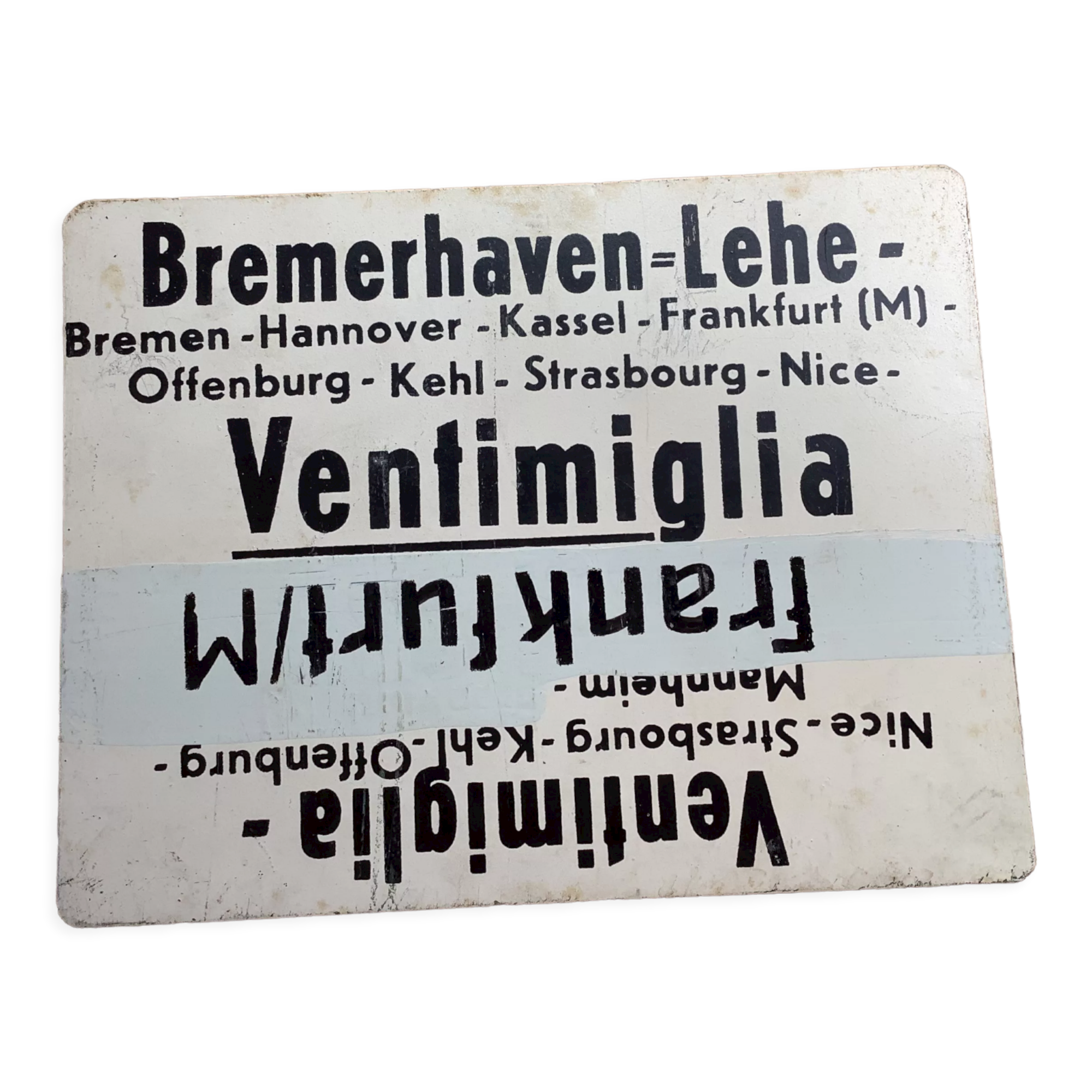 Vintage SNCF painted metal plate double, back / line:Ventimiglia / Frankfurt