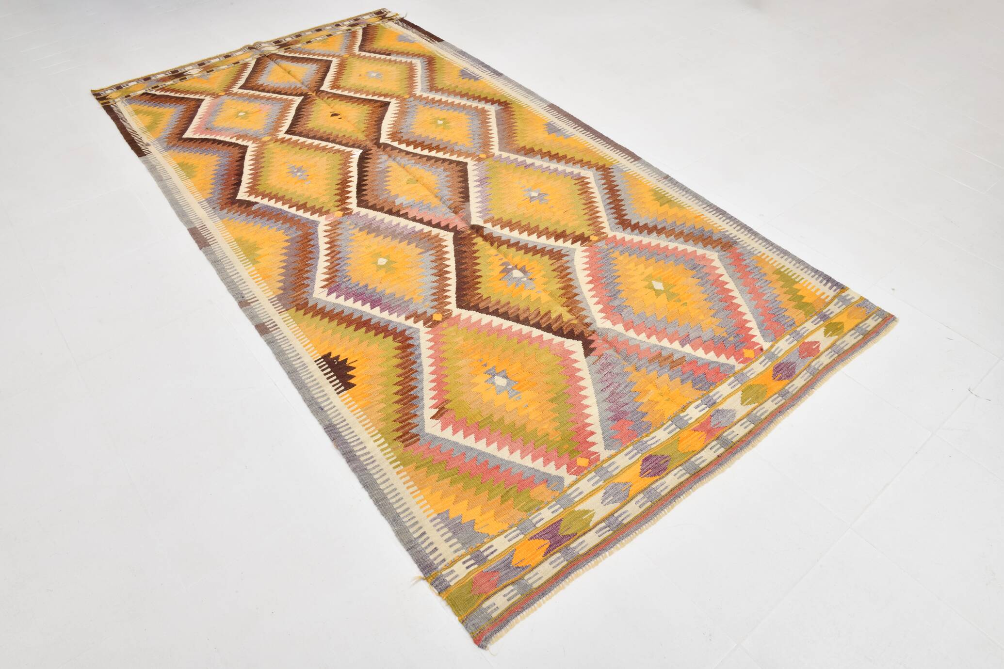 Fade Yellow Long Wide  Vintage Kilim Rug,Geometric Tribal Design,152x296 Cm