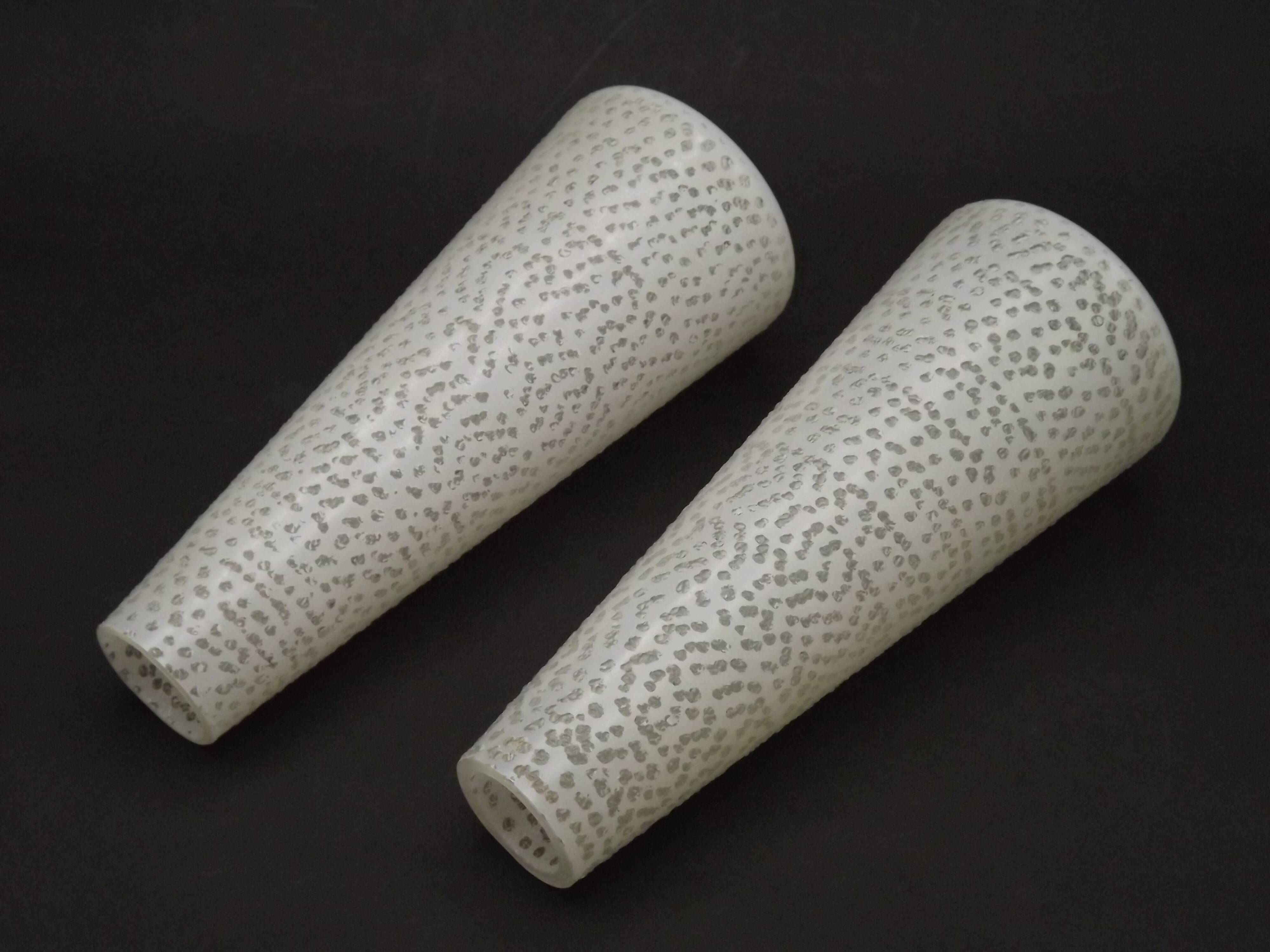 Pair of French vintage retro white opaque patterned glass replacement shades.