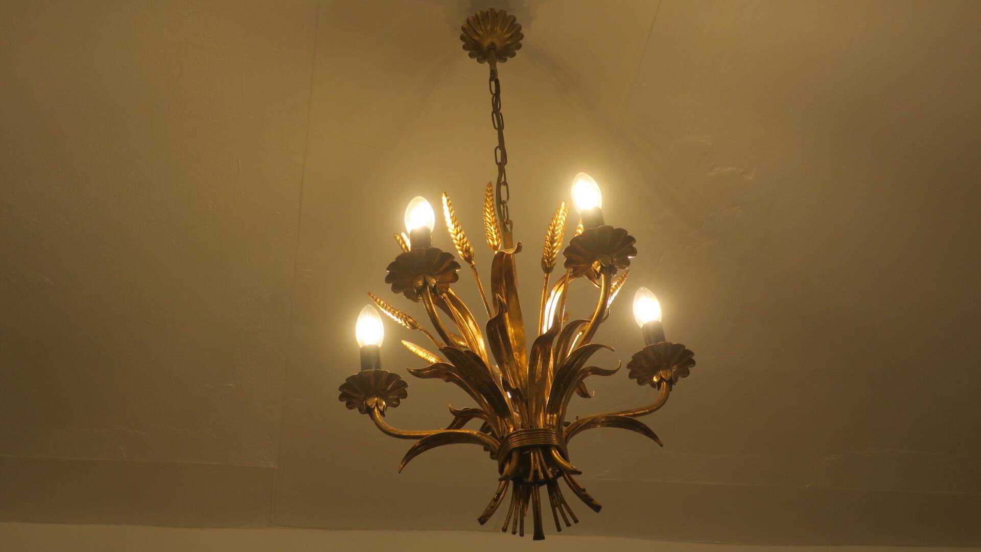 Gold plated tole wheatsheaf chandelier by Hans Kögl, 1960s
