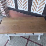 Patinated linen coffee table with raw top