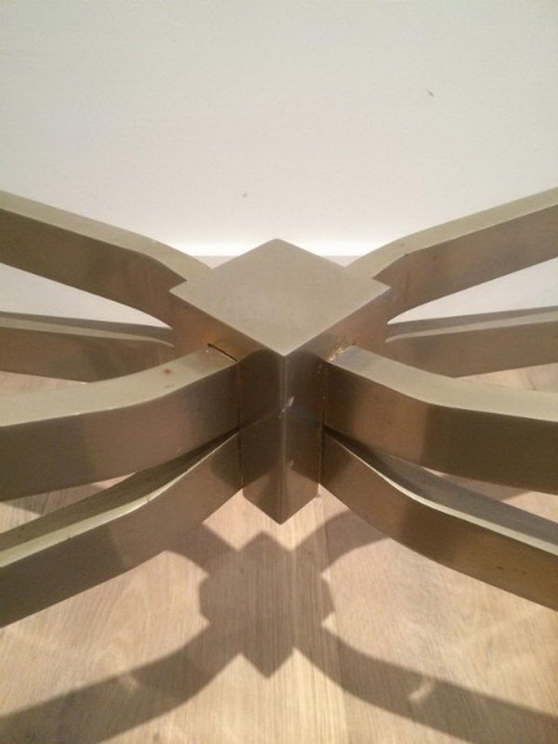 Coffee table in brushed steel and smoked glass top by Maison Charles