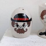 Egg cup, salt and pepper shaker duo